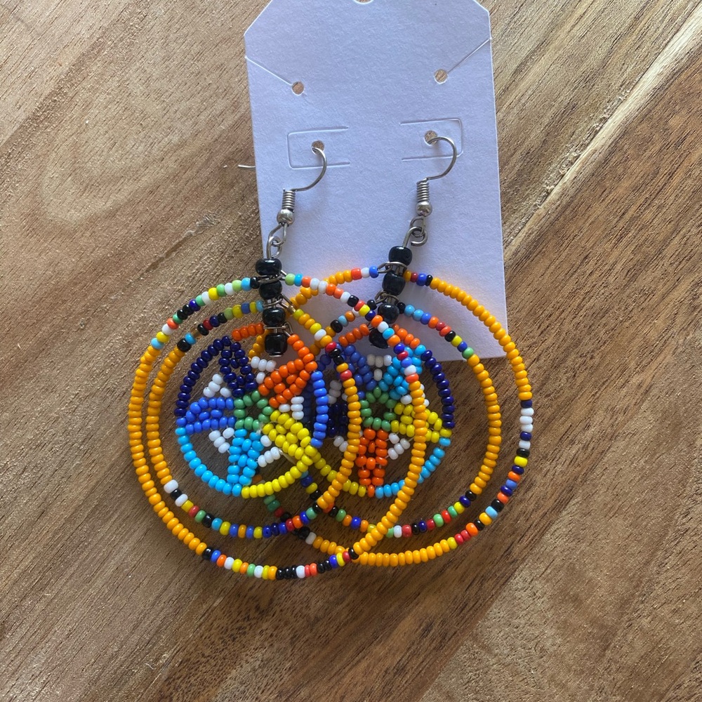 Yellow and Blue Beaded Hoop Earrings